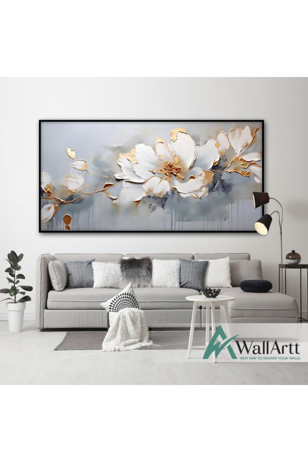 Golden White Flower Branch Heavy Textured Partial Oil Painting